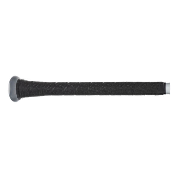 Close-up of the bat's handle showing its black honeycomb-textured grip, a smooth grey knob at the base, and a small section of the silver barrel on the right.