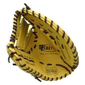 Top-down view of a yellow first base mitt with BRETT Pro Legend Series logo and 12½ inch text.