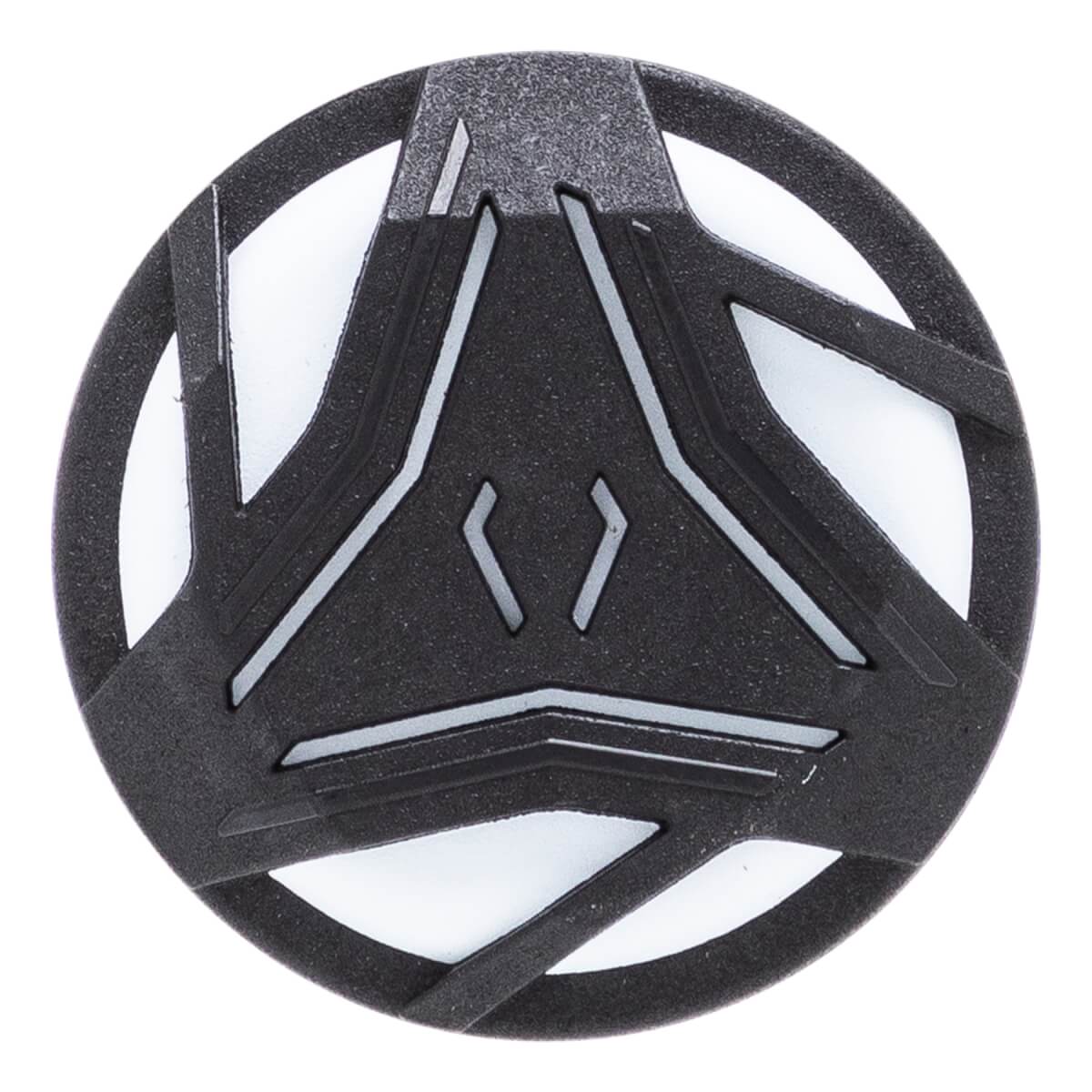 Top-down view of a black bat end cap with a geometric triangular design and textured surface.