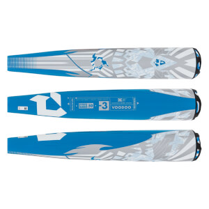 Top-down view of a blue baseball bat with white DeMarini logo and VOODOO text.