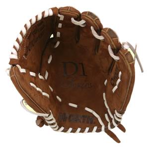 Top-down view of a brown baseball glove with white stitching, D1 Series text, and WORTH. branding.
