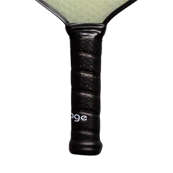 Close-up of a black pickleball paddle grip with textured surface and white age branding.