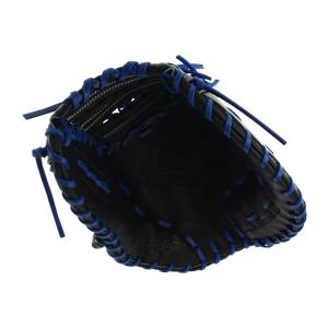 Top-down view of a black first base mitt with blue lacing and Rawlings branding.