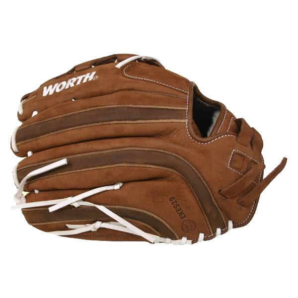 Side view of a brown baseball glove with white lacing and WORTH branding.