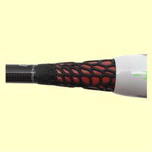 Close-up of a black and red DeMarini CF7 fastpitch softball bat grip with a honeycomb pattern.