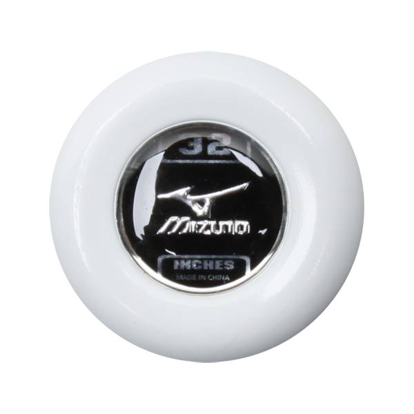 End view of a white baseball bat with a black cap showing 32, Mizuno logo, and MADE IN CHINA.