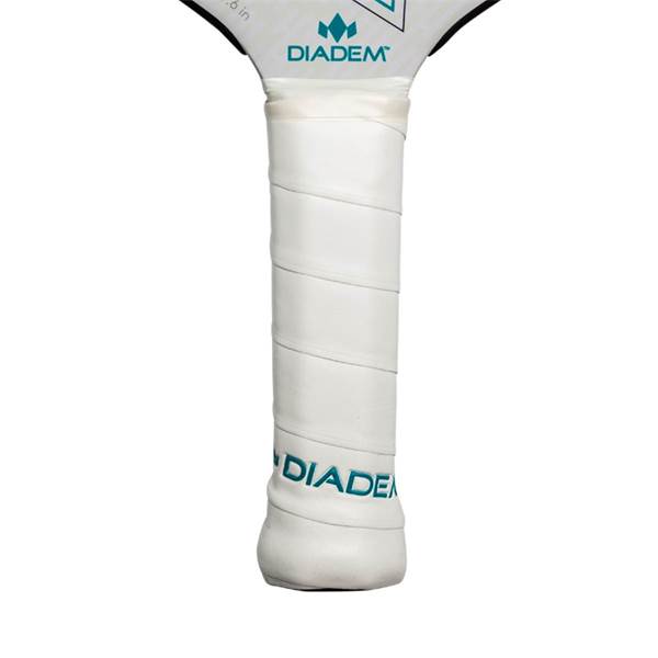 Close-up of a white pickleball paddle grip with DIADEM branding.