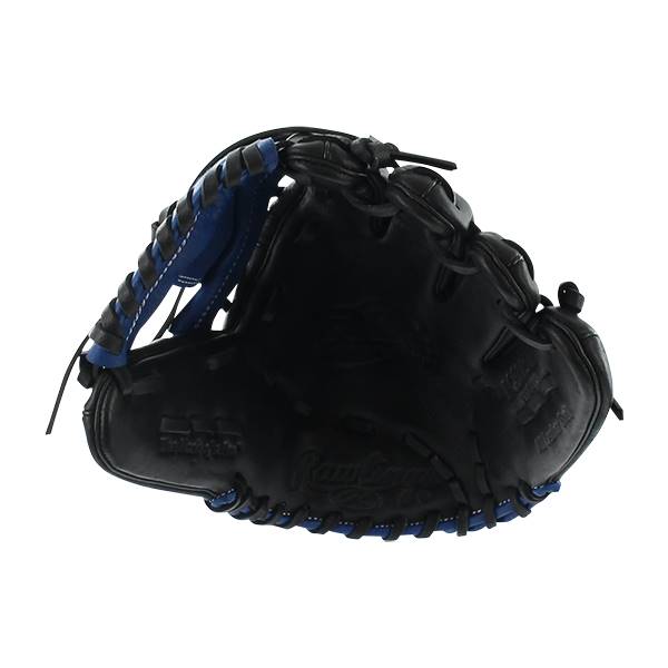 Side view of a black baseball glove with blue lacing and Rawlings branding.