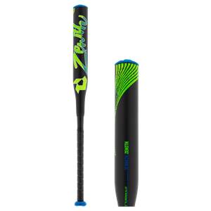 Side view of a black fastpitch softball bat with green Zenith text and a blue end cap.