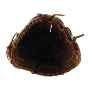 Top-down view of a brown leather softball glove with Nokona branding and visible lacing.