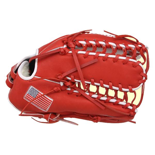 Side view of a red baseball glove with white lacing and an American flag patch.