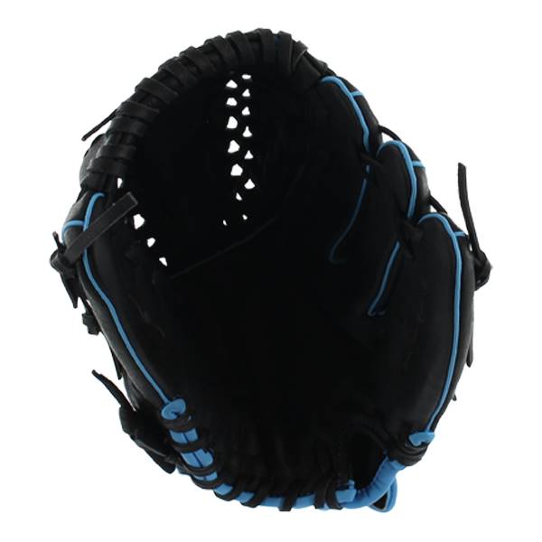 Inside view of a black fastpitch glove with blue lacing and a perforated web.