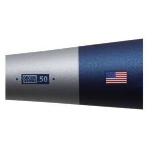 Side view of a silver and blue baseball bat with BBCOR .50 Certified logo and American flag decal.