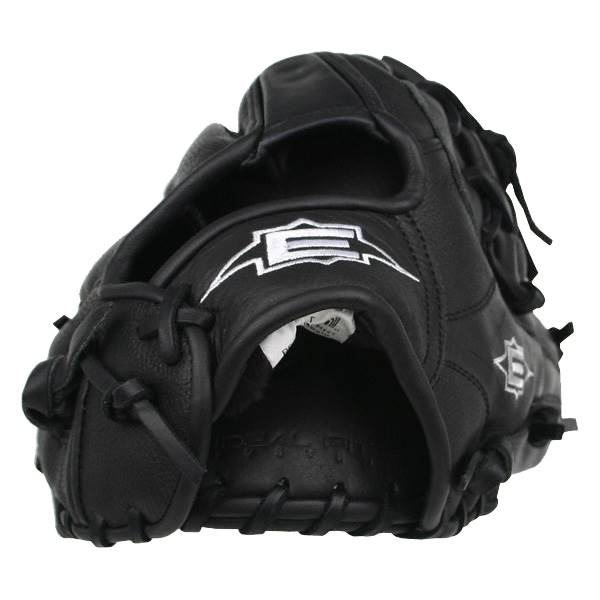 Top-down view of a black baseball glove with white E logo and stitched palm.