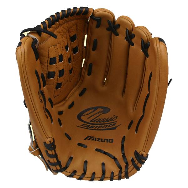 Inside view of a tan Mizuno Classic Fastpitch glove with black lacing and visible Classic Fastpitch and Mizuno logos.