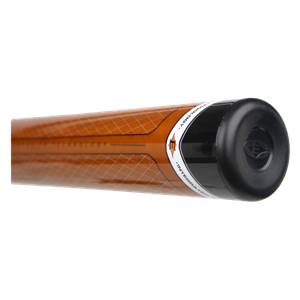 End cap view of an orange Easton Synergy Reveal Brett Helmer slow pitch softball bat with INTEGRATED TECHNOLOGY text.