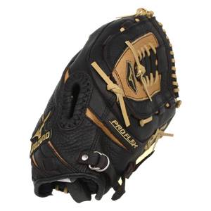Side view of a black baseball glove with tan lacing and PRO FLEX text.