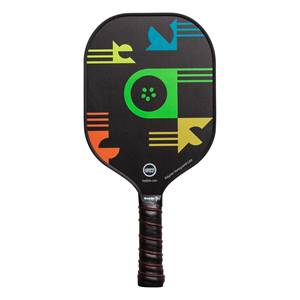 Front view of a black pickleball paddle with colorful geometric designs and a textured grip.