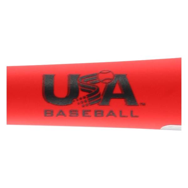 Close-up of a red baseball bat with black USA BASEBALL text and a baseball graphic.