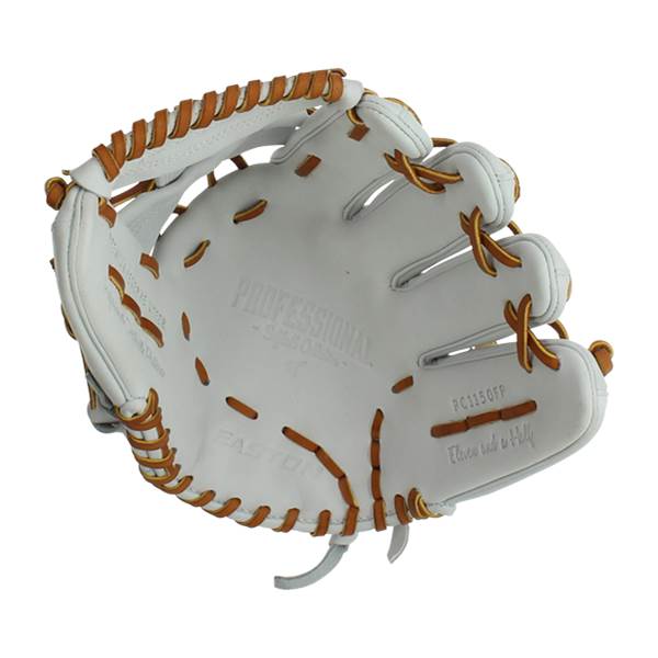 Top-down view of a white softball glove with tan lacing and PROFESSIONAL embossed on the palm.