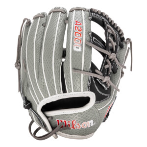 Back view of the grey glove showcasing its snakeskin texture, white welting, and the red and white Wilson and A2000 logos.