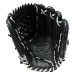 Top-down view of a black Louisville Slugger fastpitch glove with white stitching and TPS PRO branding.