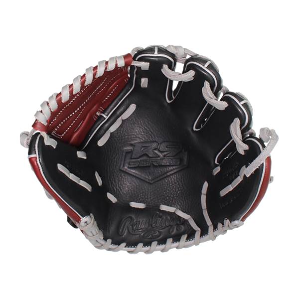 Front view of a black baseball glove with red accents, R9 SERIES logo, and Rawlings text.