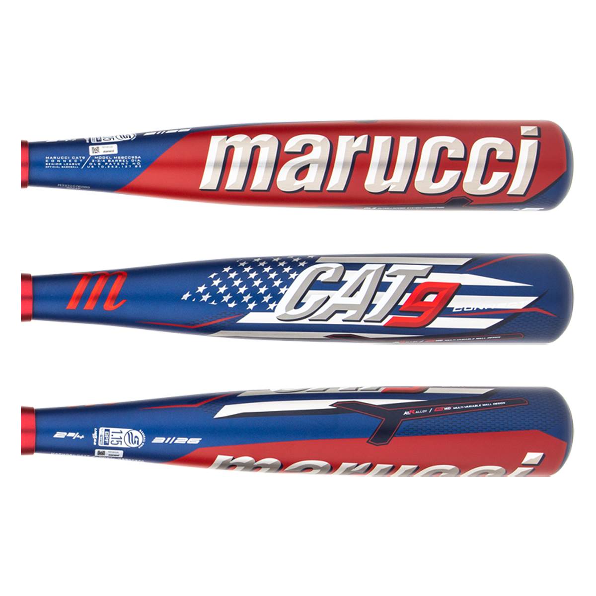 Side view of three red, white, and blue baseball bats with marucci and CAT9 branding.