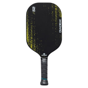 Front view of a black pickleball paddle with yellow speckle design, A52, and DIADEM branding.
