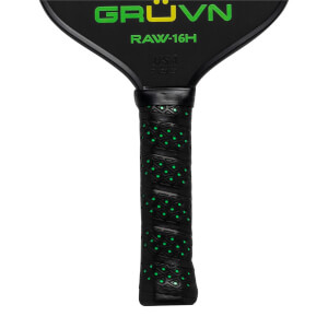 Top-down view of a black GRUVN RAW-16H pickleball paddle with green text and a textured grip.
