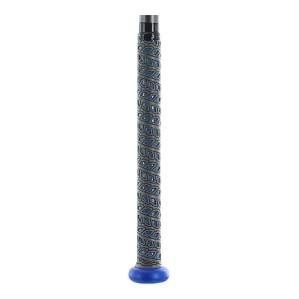 Close-up of a blue and gray baseball bat grip with a diamond pattern.
