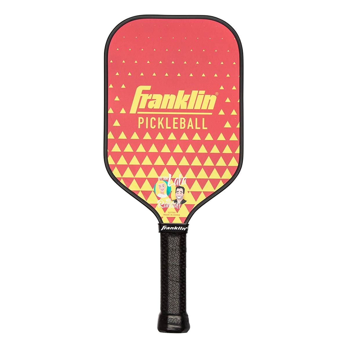 Front view of a red pickleball paddle with yellow triangles, Franklin Pickleball text, and two portraits.