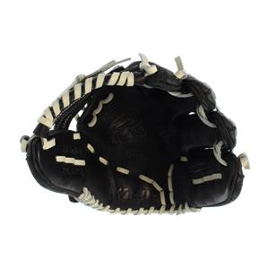Top-down view of a black baseball glove with white lacing and Mizuno embossed on the palm.