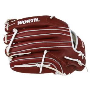 Side view of a maroon baseball glove with white stitching and WORTH logo.