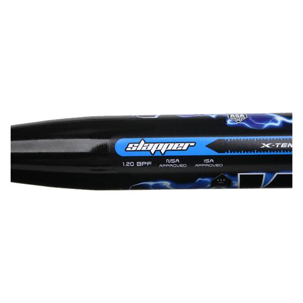 Side view of a black softball bat with slapper branding, X-TEN text, and lightning bolt graphics.