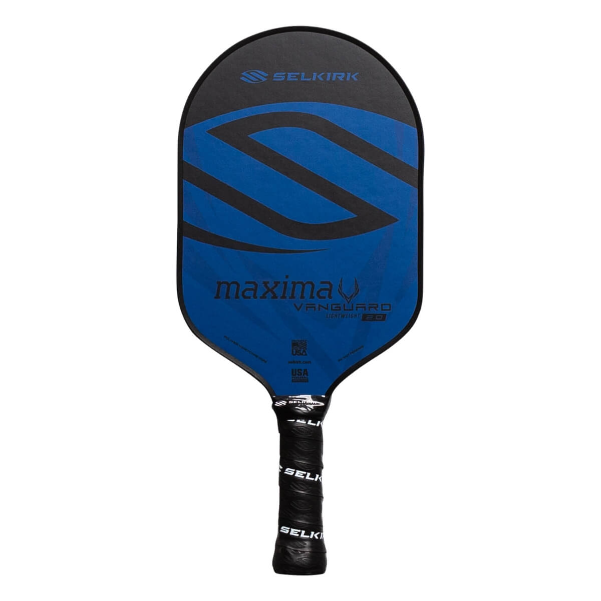Front view of a blue Selkirk pickleball paddle with a large black S graphic and maxima text.