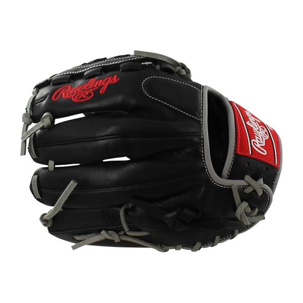 Side view of a black baseball glove with red Rawlings branding and grey lacing.
