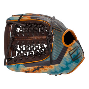 Side view of the glove showing its blue, orange, and gray camouflage shell with dark brown leather lacing and bright orange trim around the hand opening.