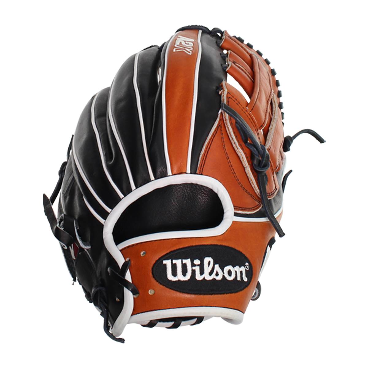Side view of a black and tan baseball glove with white lacing and a Wilson logo.