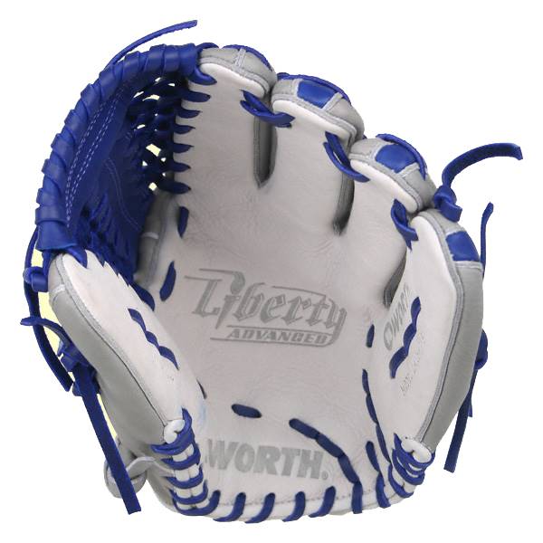 Interior view of a white baseball glove with royal blue accents and Liberty Advanced and WORTH branding.