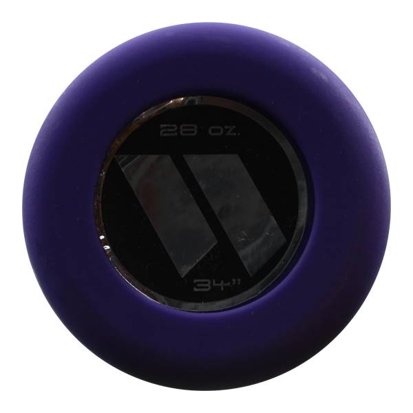End cap view of a purple softball bat with 28 oz. and 34 markings.