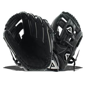 Front view of black baseball gloves with white stitching and triangular logos.