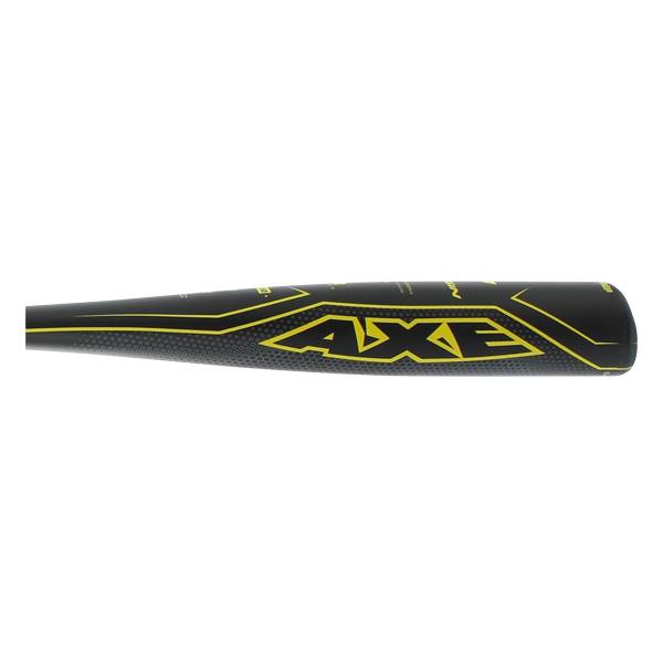 Side view of a black baseball bat with yellow AXE branding and geometric accents.