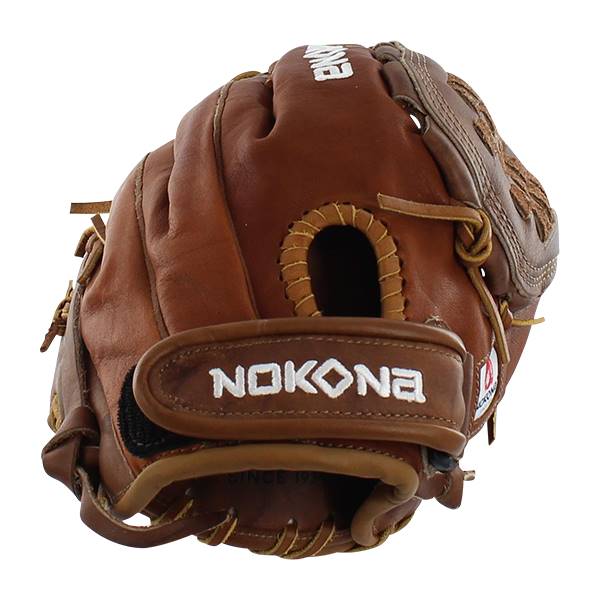 Top-down view of a brown baseball glove with NOKONA branding and tan lacing.