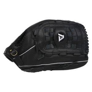 Side view of a black baseball glove with a white A logo and white stitching.