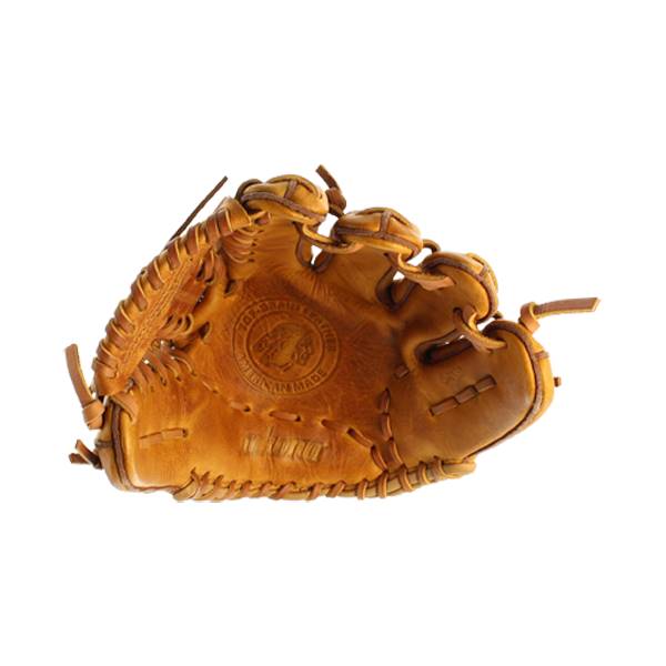 Top-down view of a tan leather baseball glove with a circular logo and Nokona branding.