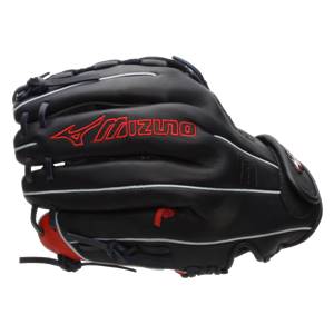 Side view of a black baseball glove with red Mizuno branding and white stitching.