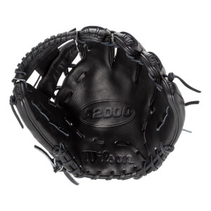 Front view of the black leather baseball glove highlighting the embossed "A2000" and "Wilson" logos in the center of the palm.