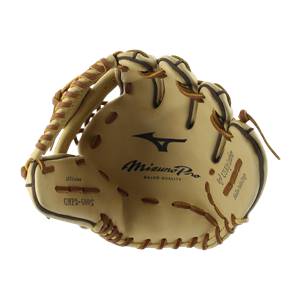 Front view of a tan baseball glove with Mizuno Pro branding and US Kip Leather text.