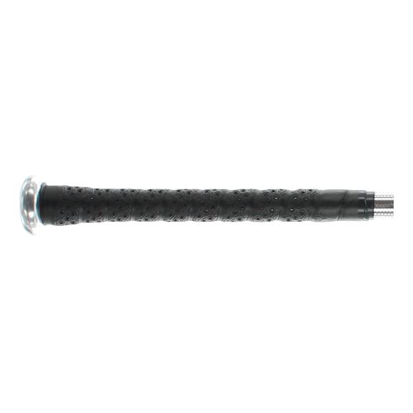 Side view of a black baseball bat grip with a textured pattern and silver end cap.